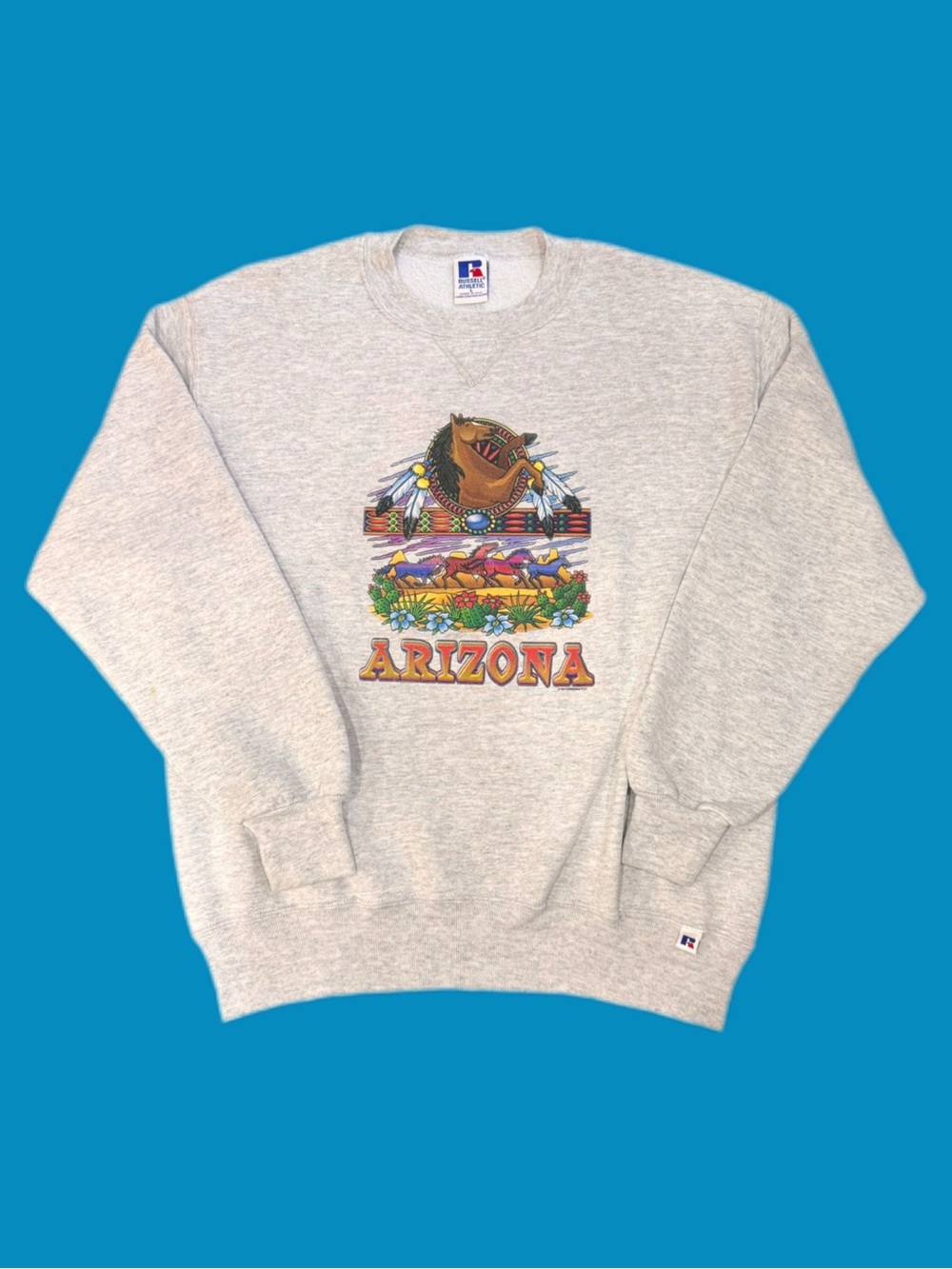 Vintage 90s Russell Athletic Arizona Horse Graphic Crewneck Heather Grey Large